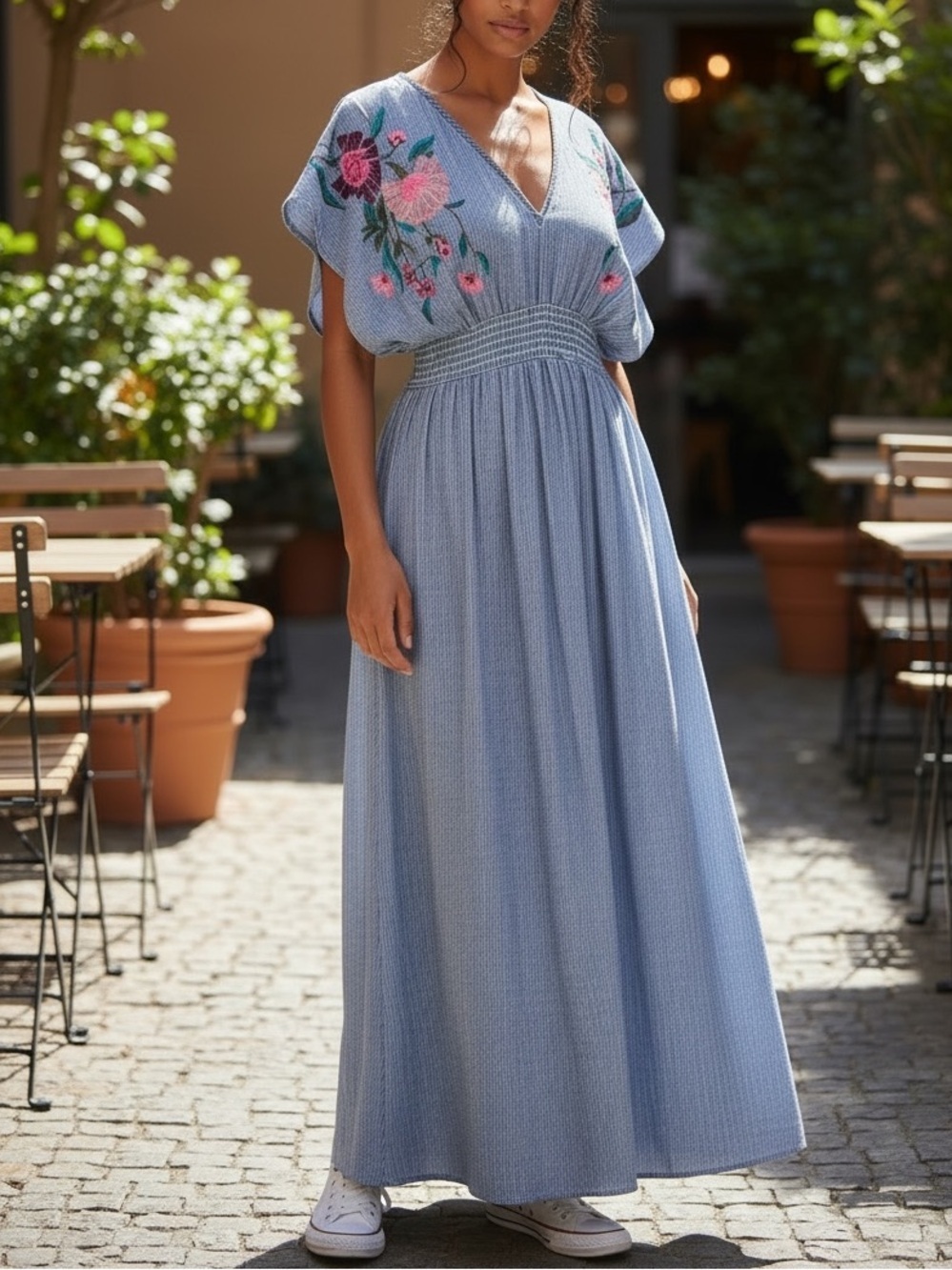 See And Be Seen Sz L Floral Embroidered Maxi Dress Striped Smocked Waist Beachy